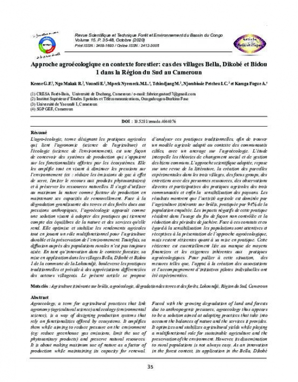 Approche agro&eacute;cologique en contexte forestier: cas des villages Bella, Dikob&eacute; et Bidou 1 dans la R&eacute;gion du Sud au Cameroun
