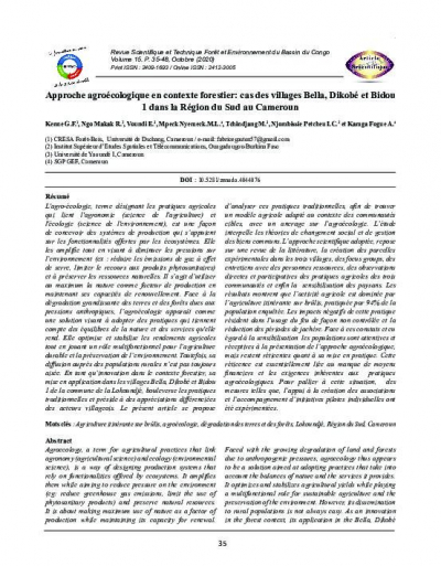 Approche agro&eacute;cologique en contexte forestier: cas des villages Bella, Dikob&eacute; et Bidou 1 dans la R&eacute;gion du Sud au Cameroun