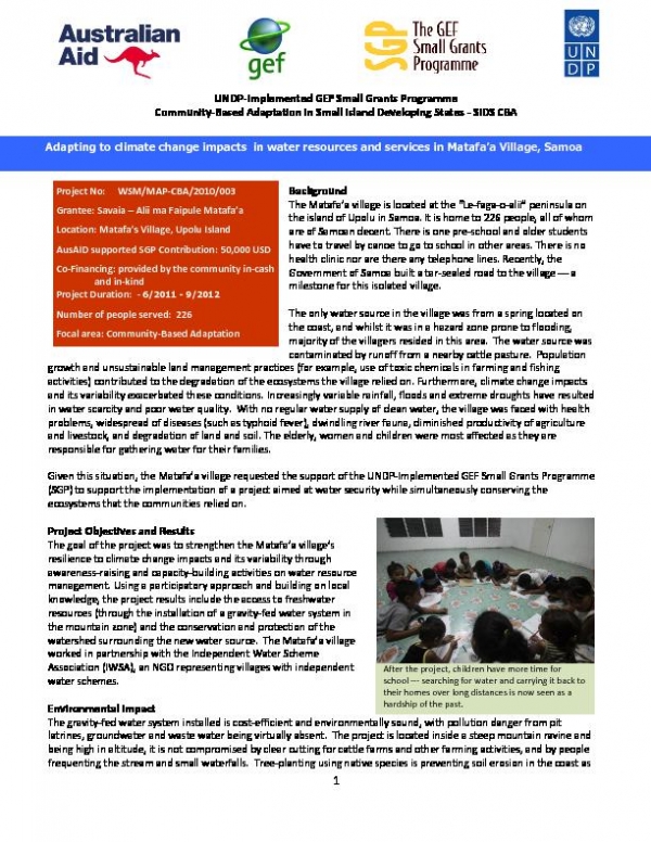 Adapting to climate change in water resources and services in Matafaa Village, Samoa