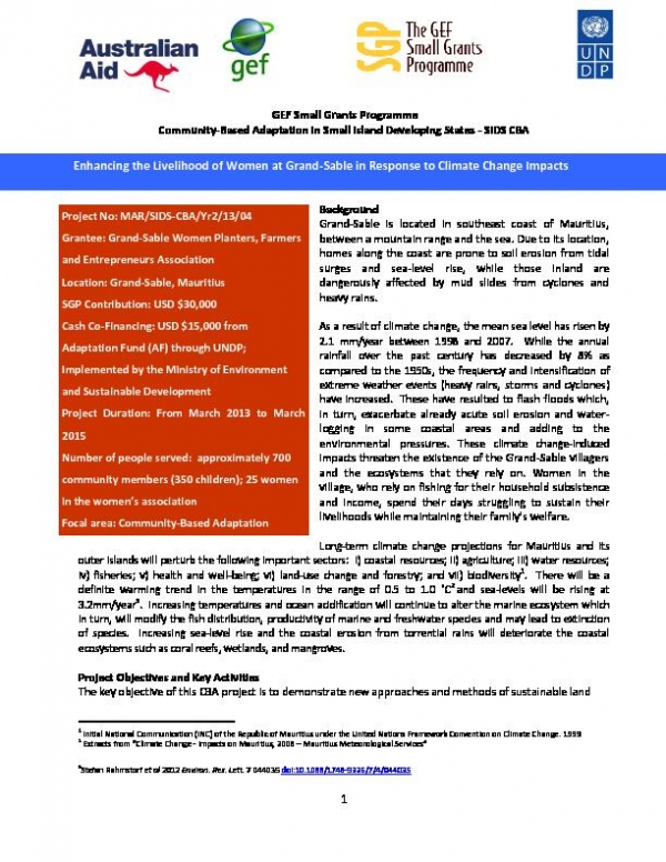 Mauritius: Enhancing the Livelihood of Women at Grand-Sable in response to Climate change Impacts