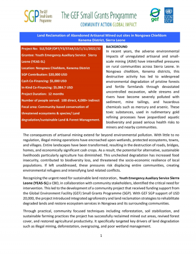 Land Reclamation of Abandoned Artisanal Mined out sites in Nongowa Chiefdom Kenema District, Sierra Leone