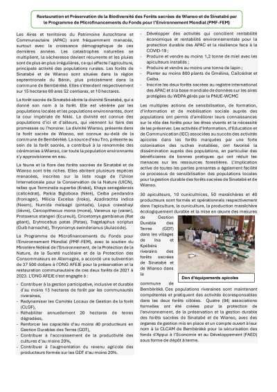 Restauration et Pr&eacute;servation de la Biodiversit&eacute; des For&ecirc;ts sacr&eacute;es de Wianso et de Sinatab&eacute; par  le Programme de Microfinancements du Fonds pour l&rsquo;Environnement Mondial (PMF-FEM)