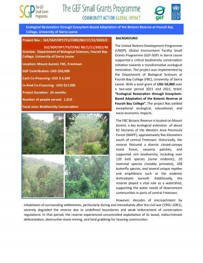 Ecological Restoration through Ecosystem-Based Adaptation of the Botanic Reserve at Fourah Bay College