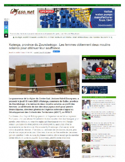 Kalenga, province du Zoundw&eacute;ogo : Les femmes obtiennent deux moulins solaires pour att&eacute;nuer leur souffrance