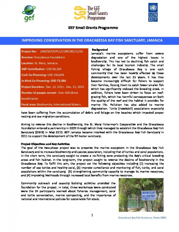 SGP Jamaica: Oracabessa Bay Fish Sanctuary Fact Sheet