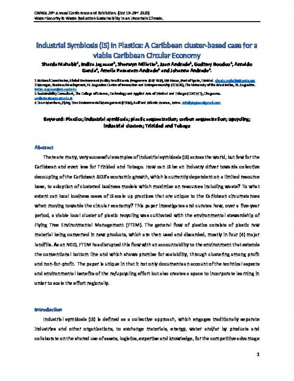Industrial Symbiosis (IS) in Plastics: A Caribbean cluster-based case for a viable Caribbean Circular Economy