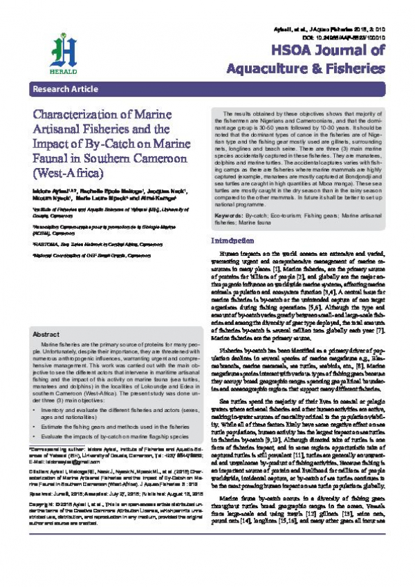 Characterization of Marine Artisanal Fisheries and the Impact of By-Catch on Marine Faunal in Southern Cameroon (West-Africa)